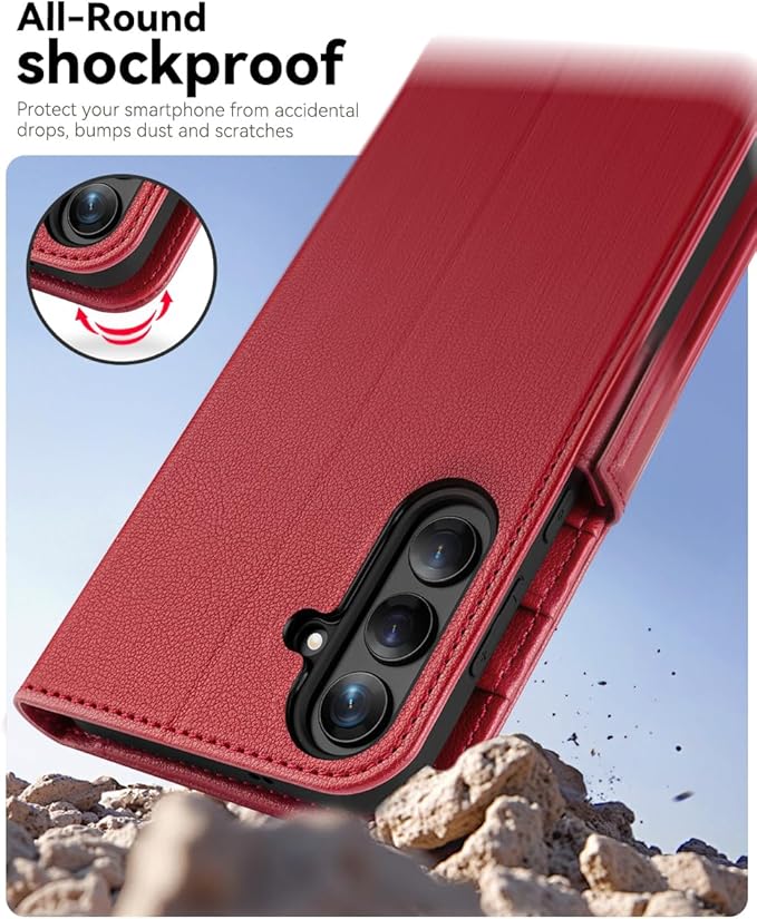 OCASE Compatible with Galaxy S25 FE Wallet Case, PU Leather Flip Folio Case with Card Holders RFID Blocking Kickstand [Shockproof TPU Inner Shell] Protective Phone Cover 2025, Litchi Burgundy