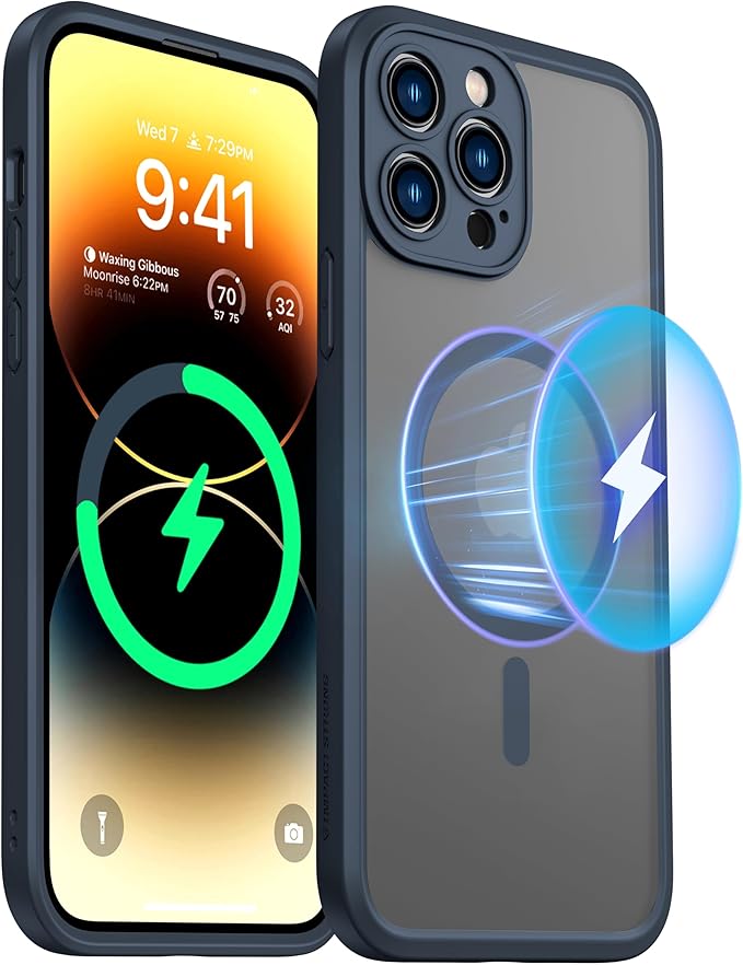 ImpactStrong Magnetic Guard Designed for iPhone 14 Pro Max Case [Camera Protection] [Military Grade Drop Tested] [Compatible with MagSafe] Slim Translucent Matte Phone Case (6.7") - Navy Blue