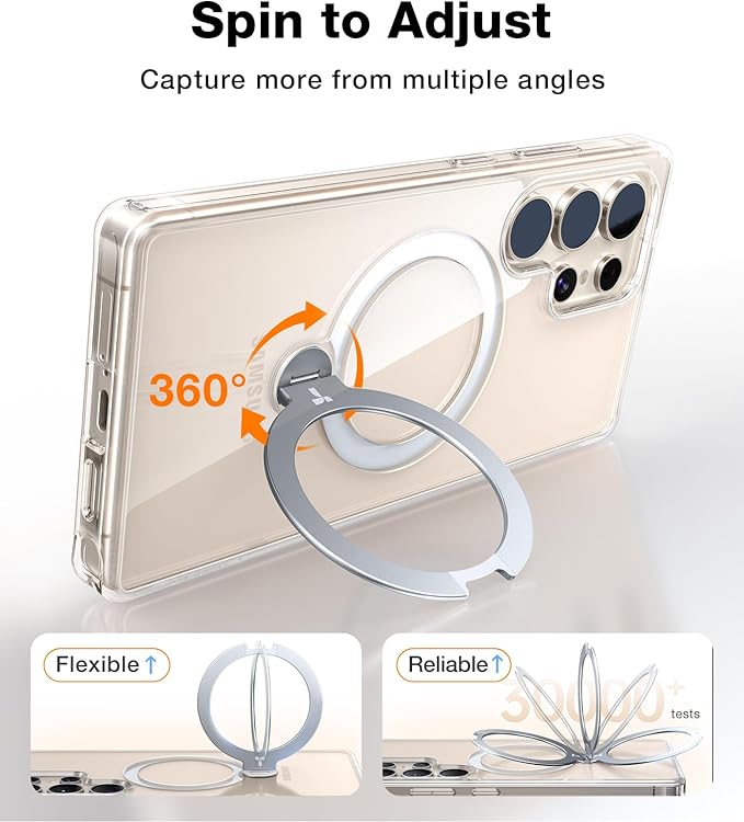 TORRAS 360° Spin Magnetic Stand for Samsung Galaxy S25 Ultra Case, Fit for Magsafe, Military Grade Slim Hard PC Protective S25 Ultra Clear Case with Kickstand & Ring Holder, Ostand Spin, Clear