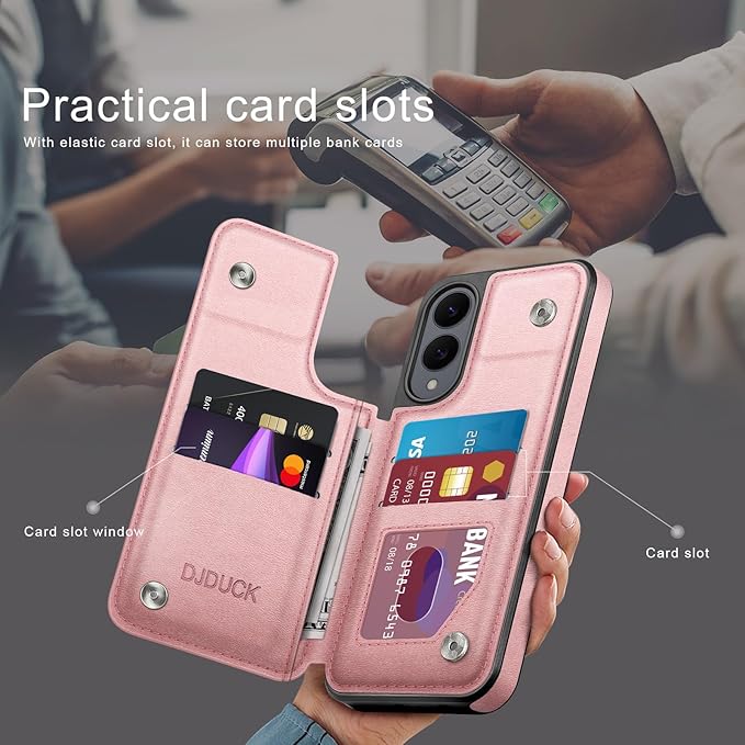 DJDUCK Designed for Samsung Galaxy S25 Edge Case Wallet with Card Holder, [Magnetic Clasp Cover] [RFID Blocking Leather Protection] Shockproof Women Men Cases for Samsung S25 Edge Rose Gold