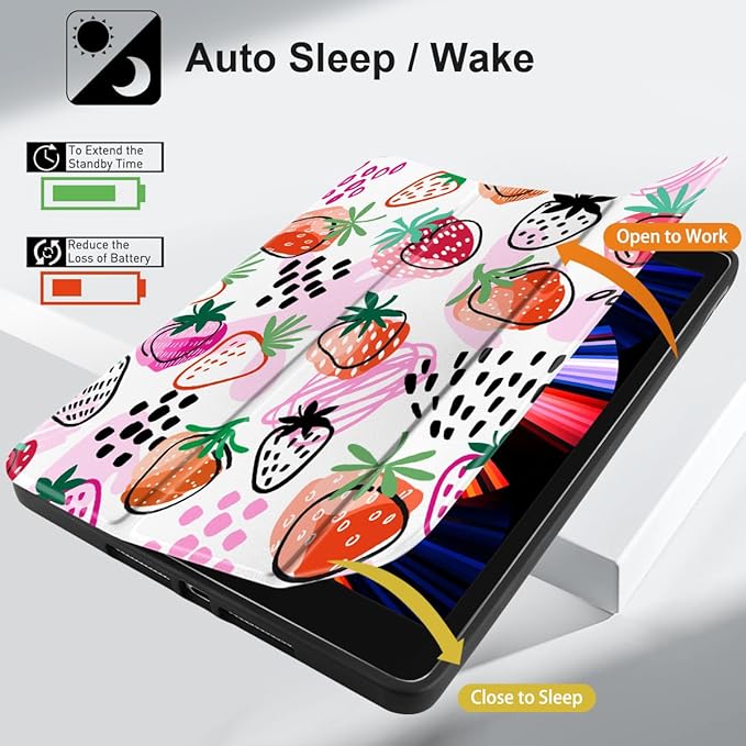 DONGKE Case Compatible with iPad 10.2 Inch 2021 2020 2019 iPad 9th/8th/7th Generation with Pencil Holder, Slim Stand Protective Case with Soft TPU Back, Auto Sleep/Wake Cover, Strawberrys