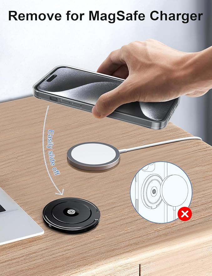 EWA MagOne Ultra (Plate Edition) Phone Grip Stand with Leather Finger Strap, Removable Magnetic Ring Holder Kickstand Loop, Double-Sided Magnetic Accessories for Phone-Black