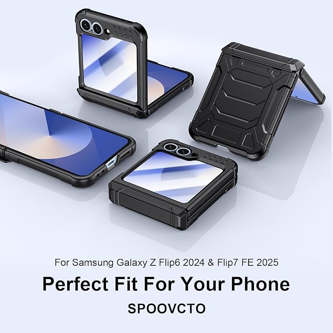 Military-Grade Protection ZFlip 6 / ZFlip 7 FE Case for Samsung Galaxy Z Flip 6 & Flip 7 FE: Shockproof TPU Frame, Hinge Protection, Glass Screen Protector, Anti-Slip Rugged Phone Cover (Black)