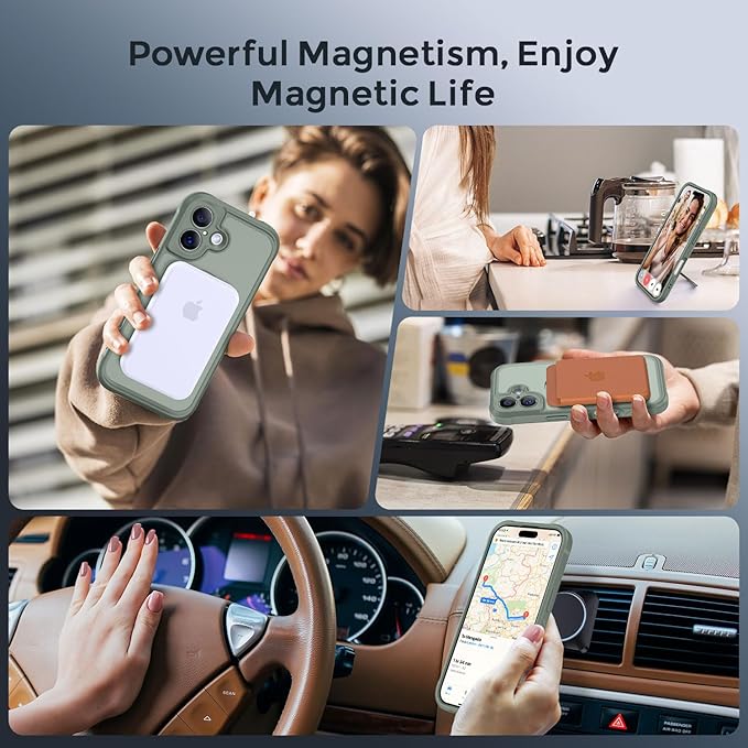 MOCCA Compatible with iPhone 17 Case with Magnetic Invisible Stand [Full Camera Protection] [Compatible with Magsafe] Military Drop Shockproof Translucent Matte Phone Case Cover 6.3",Calke Green