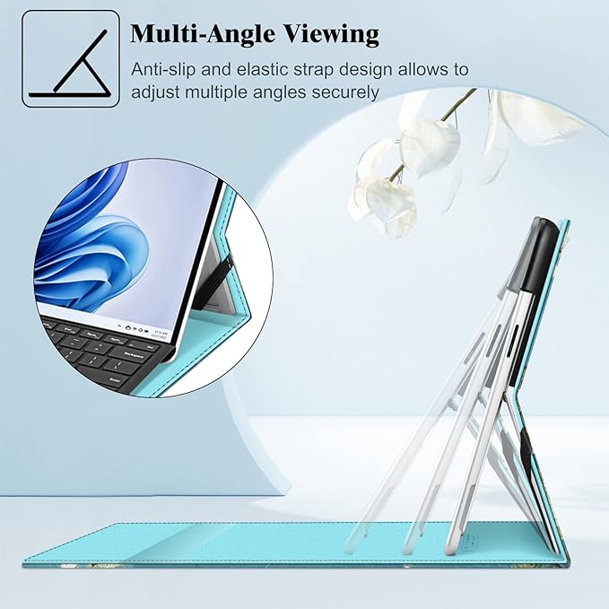Fintie Case for 13 Inch Microsoft Surface Pro 11/10/9 - Multiple Angle Viewing Portfolio Business Cover with Pocket & Stylus Holder, Compatible with Type Cover Keyboard, Blossom