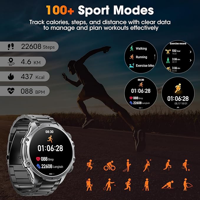 Military Smart Watch for Men (Answer/Make Call), 1,85" HD Touch Screen 700mAh Large Battery Fitness Watch with Flashlight/Heart Rate Fitness Tracker for iPhone & Android Black Steel Strip