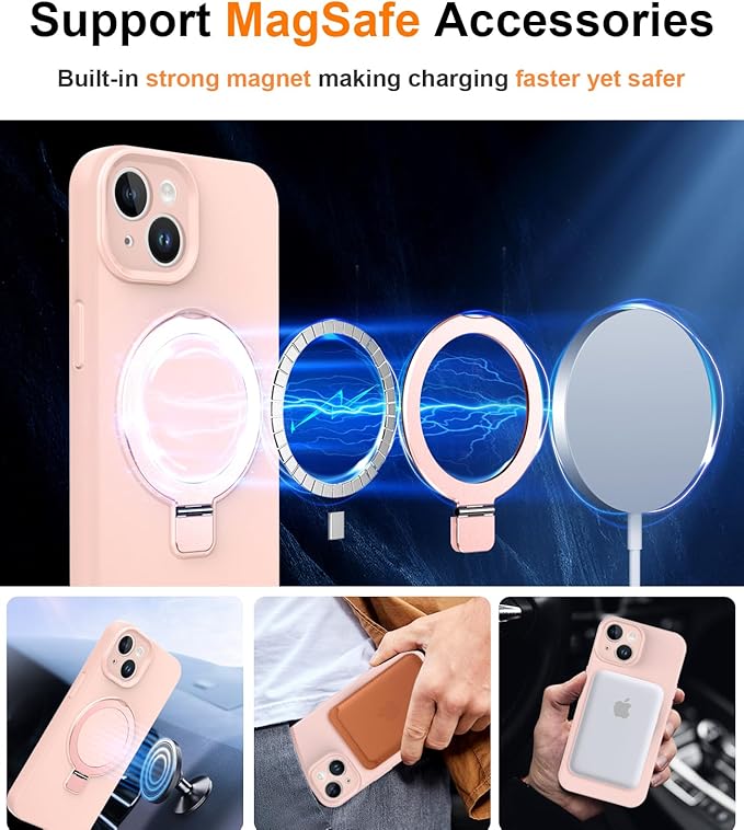 ZHK Liquid Silicone Designed for iPhone 14 Plus Case with Magnet Stand, [Precise Camera Lens Protection][Mil-Grade Drop Shockproof][Soft Anti-Scratch Microfiber Lining] Slim Fit Cover, Pink