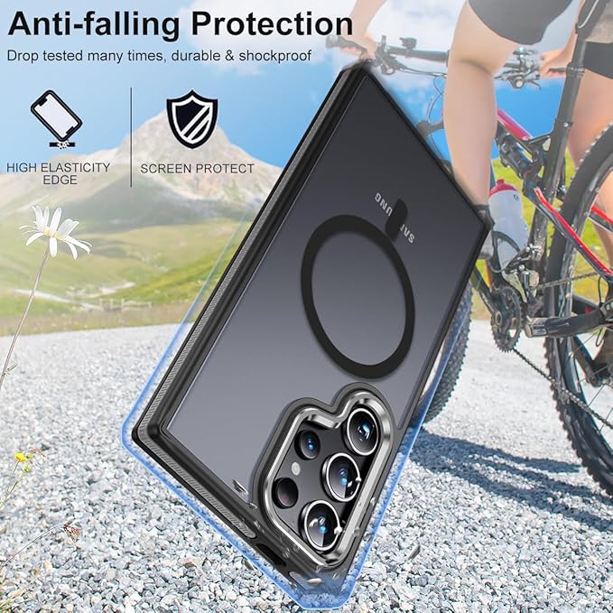 for Samsung Galaxy S24 Ultra Case, Magnetic Phone Case Compatible with Magsafe, Metal Camera Frame, Drop Protection Silky Translucent Cover for Galaxy S24 Ultra (Black/Grey)