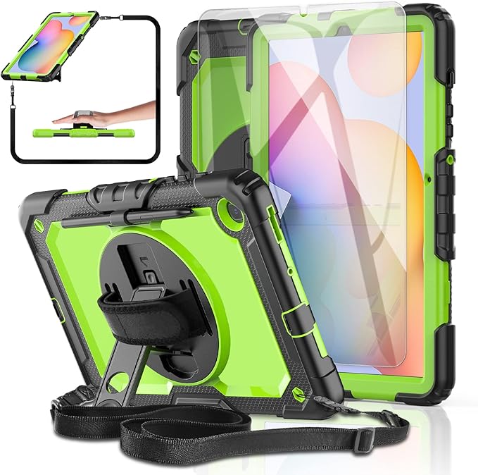 Case for Samsung Galaxy Tab S6 Lite Case 10.4" [with Tempered Glass Screen Protector] 2024/2022/2020 (SM-P610/P615/P613/P619), Rotating Kickstand, Shoulder & Hand Strap (Green)
