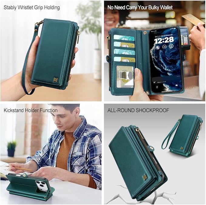 for iPhone 17 Pro Wallet Phone Case with 7 Card Holder,RFID Blocking | PU Leather | Kickstand | Flip | Wrist Strap&Shoulder Strap | Shockproof | Zipper Wallet | Women Men | 6.3" | Green