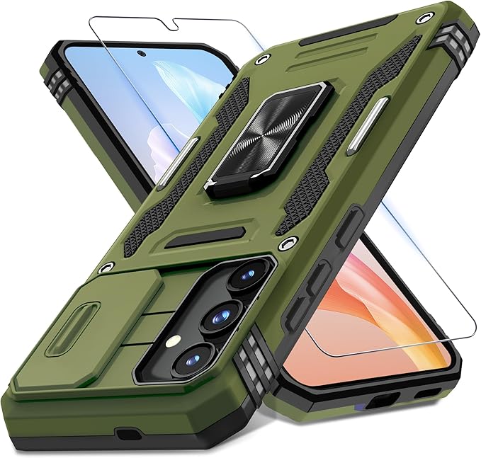 DEERLAMN Case for Samsung Galaxy S24+ Plus with Slide Camera Cover+Screen Protector (1 Pack), Rotated Ring Kickstand Military Grade Shockproof Protective Cover-Olive Green