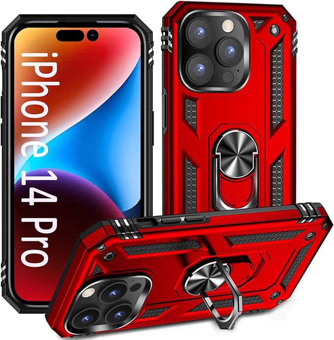 ADDIT Phone Case for iPhone 14 Pro Case,with Kickstand Ring,Adjustable Stand,Military Grade,Heavy Duty Protection,Shockproof,Anti-Fingerprint,Support Magnet Car Mount,Red
