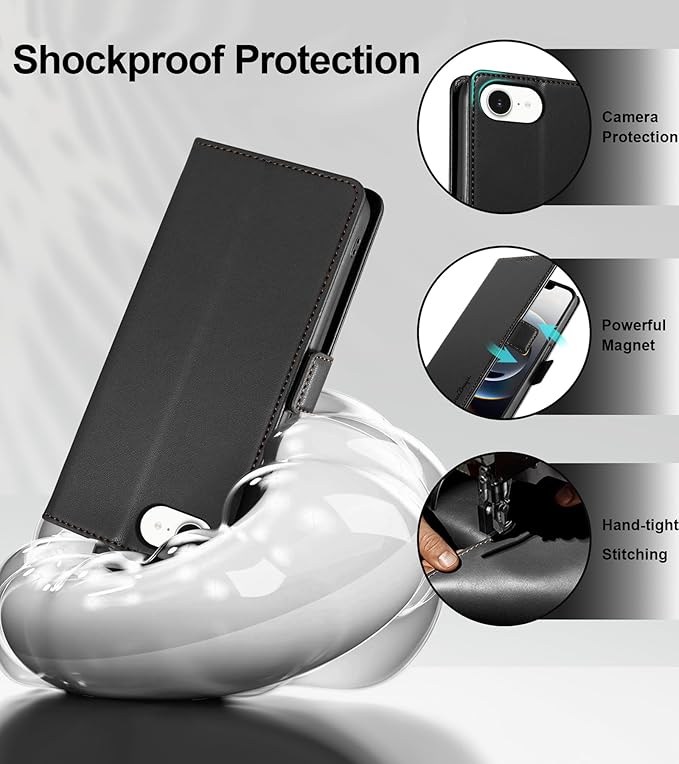 Wallet Flip Case for iPhone 16E 5G - [RFID Blocking] Luxury PU Leather Card Holder Magnetic Phone Cover with Kickstand,Shockproof Protective Case,Black