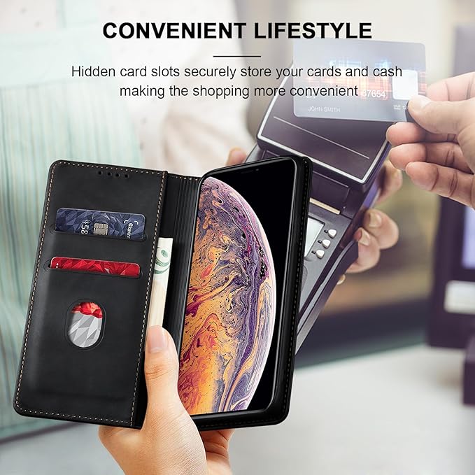 Jasonyu Flip Wallet Case for iPhone Xs Max,Leather Magnetic Folio Cover with Card Holder,Kickstand - TPU Shockproof Durable Protective Phone Case,Black