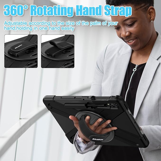 BRAECNstock for Samsung Galaxy Tab S10+ Plus/ S9 FE+ Plus/ S9+ Plus/ S8+ Plus/ S7 FE/ S7+ Plus 5G Tablet Case 12.4 inch Shockproof Protective Case with Pen Holder Rotating Stand & Hand Strap - Black