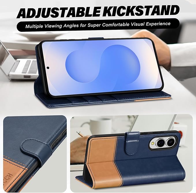 TUCCH Case Wallet for Galaxy S25 Edge, PU Leather Magnetic Kickstand [RFID Blocking] 4 Card Slot Folio Flip Cover with [TPU Shockproof Interior Case] Compatible with Galaxy S25 Edge 6.7", Blue & Brown