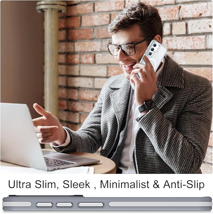 Case for Samsung Galaxy S25, Anti-Slip S25 Cover Compatible with Magsafe [Mil-Grade Shockproof] [Metal Camera Frame], Ultra Thin Translucent Matte Texture Galaxy S25 Phone Case (Grey/White)