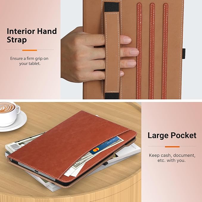 MoKo Case for Samsung Galaxy Tab A9 Plus 11" 2023 (SM-X210/SM-X216/SM-X218), PU Leather Multi-Angle Viewing Folding Stand Cover Case with Hand Strap, Front Pocket, Auto Wake/Sleep, Brown