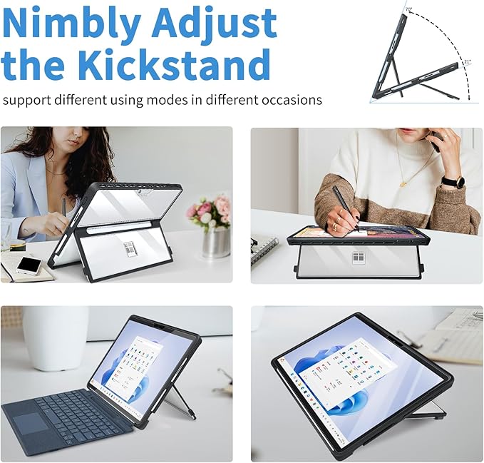 Case Updated Version fit Microsoft Surface Pro 11/10/9/8 13-Inch, All-in-one Rugged Case Compatible with Type Cover Keyboards,Semi-Translucent