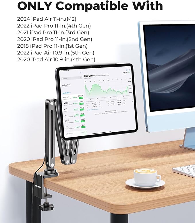 Magnetic Wireless Charging Stand for iPad Pro/Air 11 M2, Foldable Adjustable Arm Mount with 2M Cable, Aluminum Alloy Tablet Holder for iPad Pro 11 1st/2nd/3rd/4th, Air 10.9 4/5th