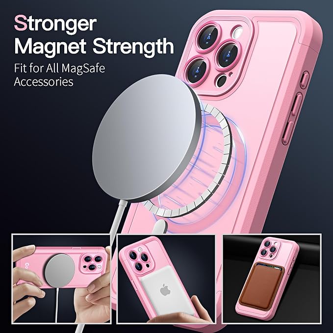 COOLQO Magnetic for iPhone 12 Pro Max Case, Compatible with MagSafe, Dual Layer Design Military Grade Protection, Translucent Matte Scratch-Resistant Back Protective Shockproof Phone Case, Pink