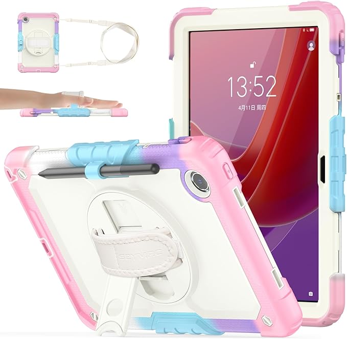 SEYMAC stock Tablet Case for Lenovo Tab M11 (TB-330FU/TB-330XU) 11 inch Drop-Proof Protection Cover with 360° Rotate Stand & Strap [Pen Holder] & Screen Protector/K11/Xiaoxin Pad 2024, Beige+Pink