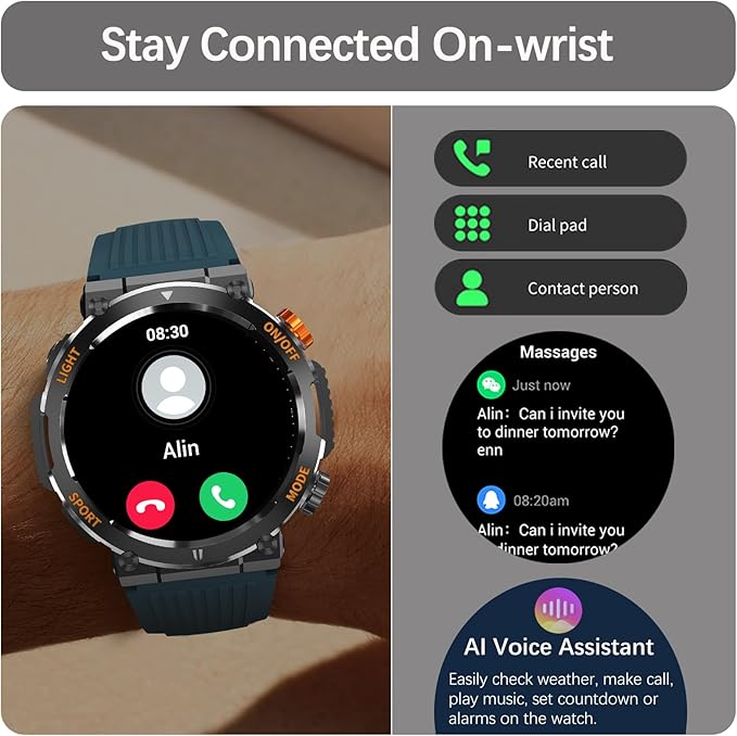 Military Smart Watch for Men with LED Flashlight Compass, Activity Tracker with 110+ Sports Mode Heart Rate Blood Pressure SpO2 Sleep Monitor, 1.46" HD Rugged Bluetooth Smartwatch for Android iOS