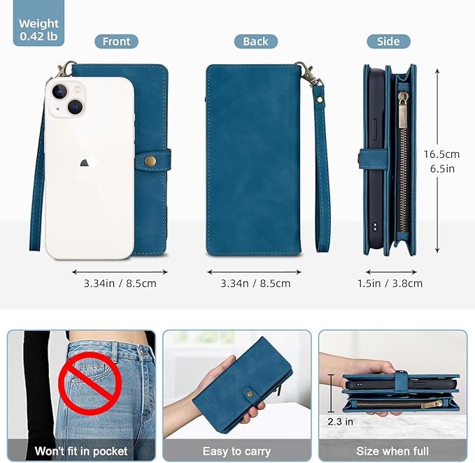TwoHead Wallet Case Compatible with iPhone 15 Plus,Detachable Magnetic Phone Case,All-Round Shockproof Protective Leather Phone Case with Card Holder,6.7 in,Navy Blue