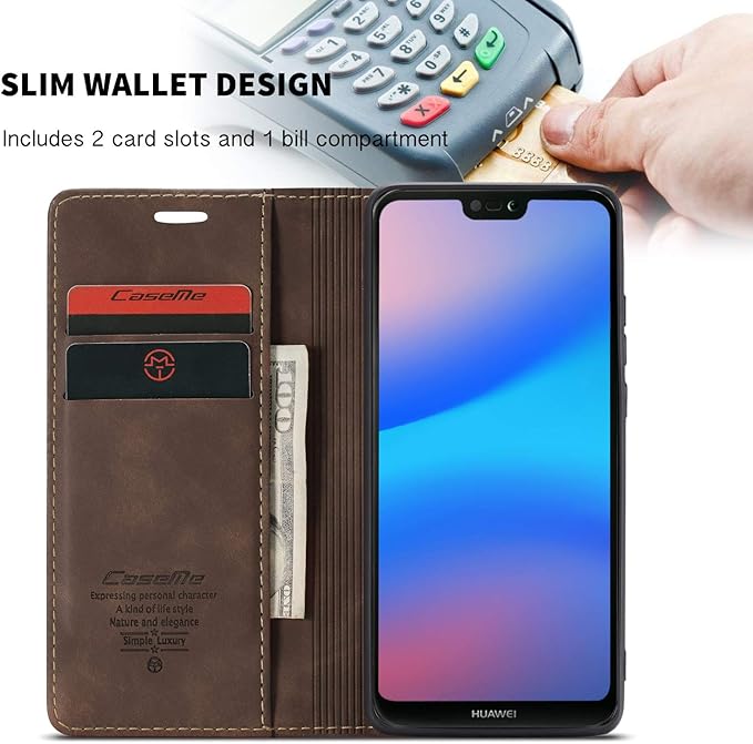 for Huawei P20 Lite Case, Flip Wallet Leather Case with Card Holder Magnetic Closure Shockproof Kickstand Protective Phone Cases Cover for Huawei P20 Lite,Coffee