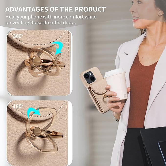 for iPhone 14 6.1 inch Organ Wallet Case with Tempered Glass Screen Ring Buckle Shoulder Strap PU Leather Flip Purse Card Holder Stand Phone Cover for iPhone14 5G i i-Phone i14 14Case White