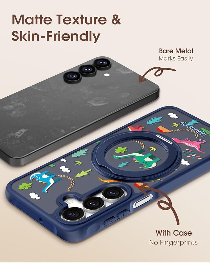 for Samsung Galaxy A16 4G/5G Case with 360° Rotatable Magnetic Ring - Semi-Transparent Anti-Fingerprint Soft-Touch Material Shockproof, Cute Dinosaur Design for Women Girl