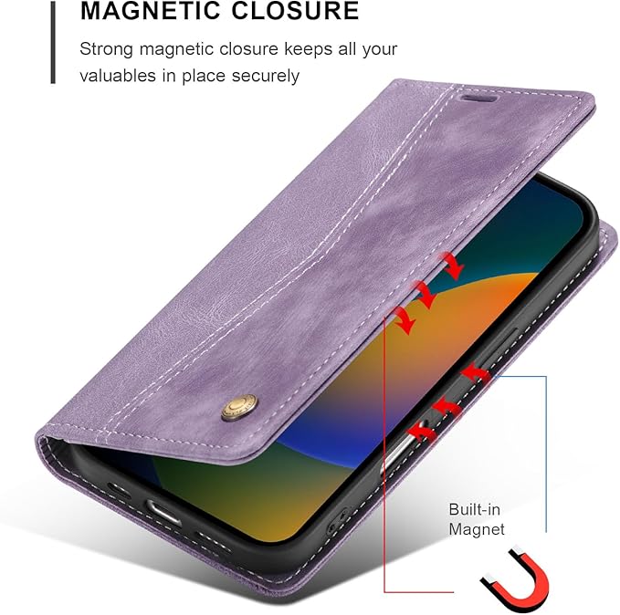QLTYPRI for iPhone 16 Plus Case Wallet with Card Holder, Vintage PU Leather Kickstand Magnetic Closure Shockproof Folio Book Cover Case for iPhone 16 Plus - Retro Purple