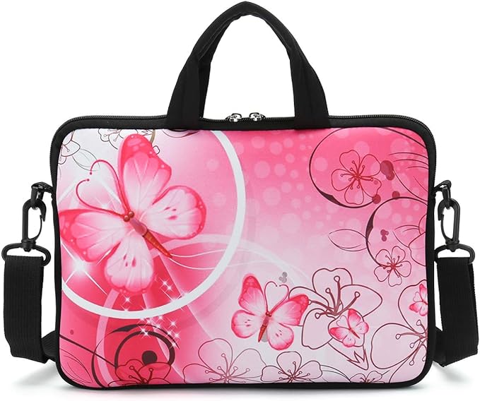 RICHEN 14 15 15.4 15.6 inch Laptop shoulder bag Notebook Handle Sleeve Neoprene Soft Carrying Travel Case with Accessories pocket (14-15.6 inch, Pink Butterfly)