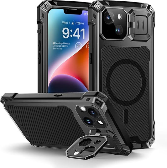 Lanhiem Magnetic for iPhone 14 Metal Case, [Built-in Camera Kickstand & Glass Screen Protector] Heavy Duty Shockproof Full Body Rugged Protective Magsafe Cover for iPhone 14 6.1" (Black)