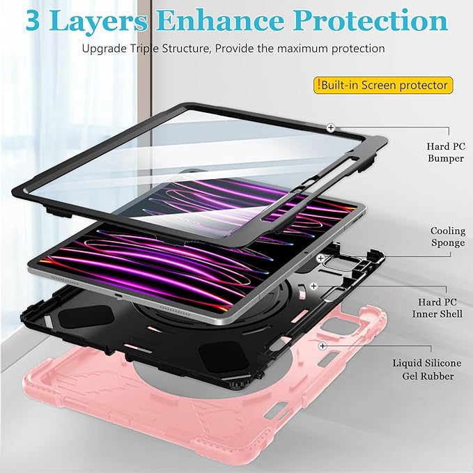 Case for iPad Pro 12.9 2022/2021/ 2020/2018: Cover for iPad Pro 12.9 6th/ 5th/ 4th/ 3rd Generation with Screen Protector- Stand- Pencil Holder- Handle- Shoulder Strap Pink
