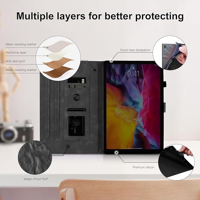 Dandelion Cover for Galaxy Tab A9 Plus Case (SM-X210/X216/X218, 11 Inch 5G), Artsy Design, Premium Faux Leather Made, Card Slots, Kickstand, Black