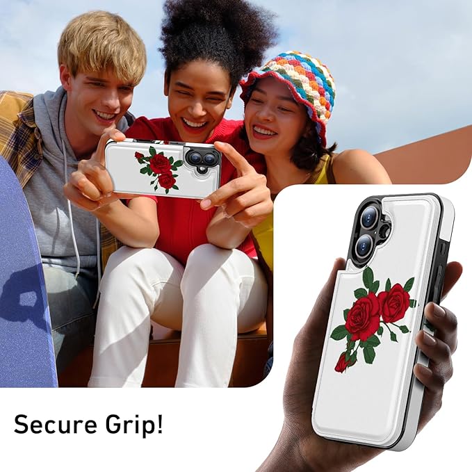 FUNMIKO for iPhone 16 Wallet Case with Card Holder, RFID-Blocking, Military-Grade Protection & UV-Printed Artwork, Magnetic Closure with Leather Kickstand - Blooming Red Rose