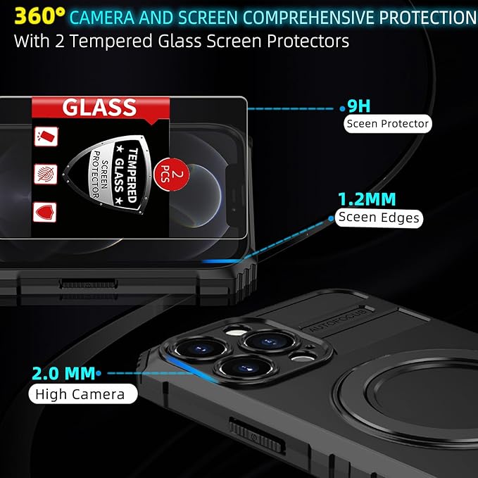 for iPhone 12 Pro Case Magnetic Compatible with MagSafe Wireless Charging,with 2 Screen Protector,with Kickstand Ring Shockproof Shock-Absorbent Heavy Duty Protection Scratch Resistant Black