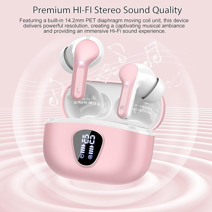 Wireless Earbuds, Bluetooth 5.4 Headphones HiFi Stereo, Bluetooth Earbuds with ENC Noise Cancelling Mic, IP7 Waterproof in Ear Earphones, 48H, LED Display Ear buds for Pad Phone Workout Sports, Pink