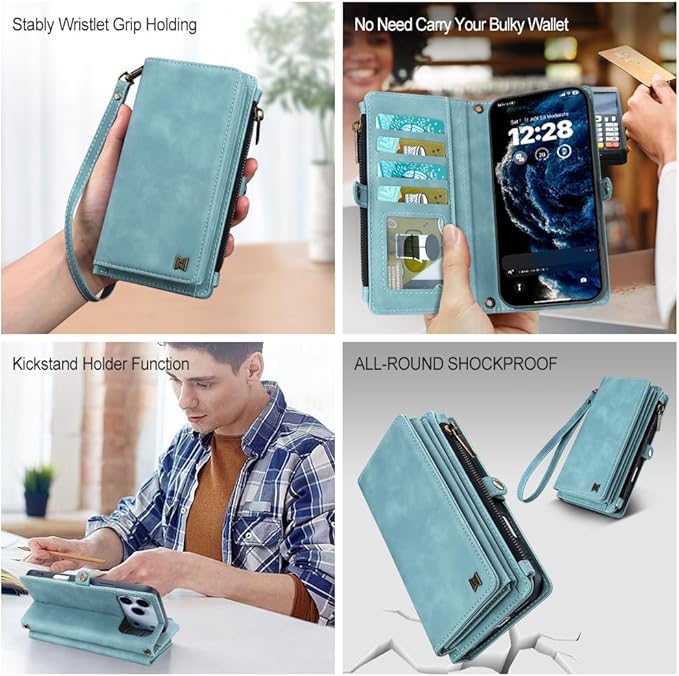 for iPhone 17 Pro Max Wallet Phone Case with 8 Card Holder,RFID Blocking | PU Leather | Kickstand | Flip | Wrist Strap&Shoulder Strap | Shockproof | Zipper Wallet | Women Men | 6.9" | Baby Blue