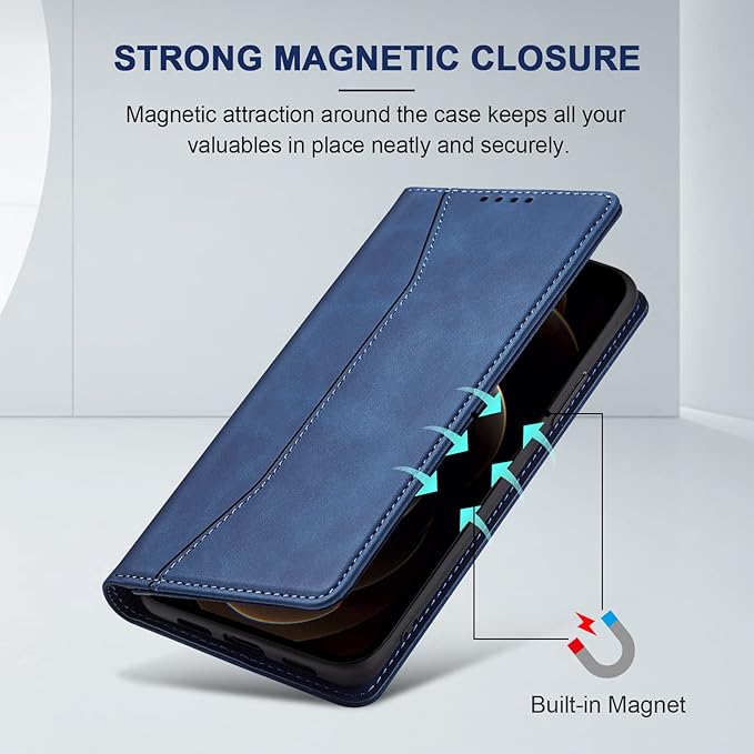 Jasonyu Flip Wallet Case for iPhone 12 Pro Max,Leather Magnetic Folio Cover with Card Holder,Kickstand - TPU Shockproof Durable Protective Phone Case,Blue