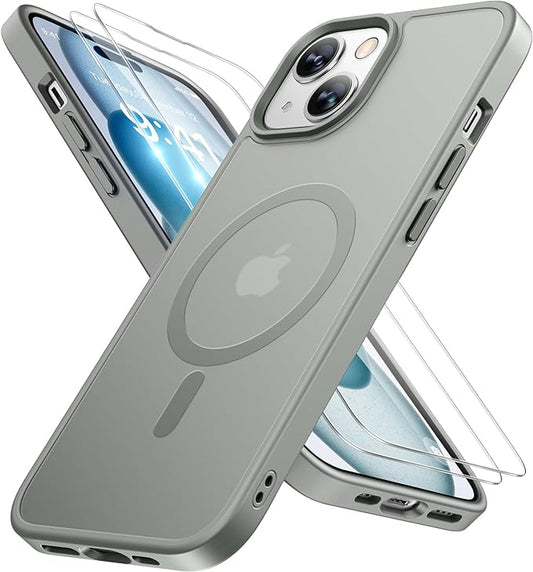 Miracase Magnetic for iPhone 15 Case (Compatible with MagSafe)（with 2X Screen Protectors） Military-Grade Protection, Anti-Fingerprint Translucent Matte Phone Cover for iPhone 15 6.1 inch, Gray
