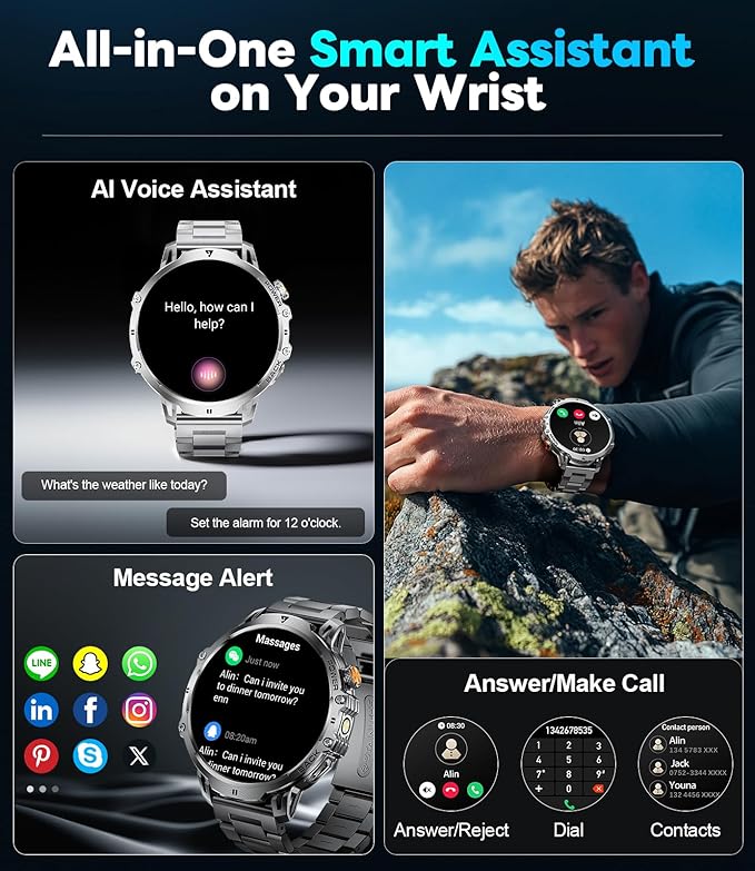 LIGE Smart Watch with 1.85" HD Large Screen, Android iPhone Smart Watches for Men with 1000mAh Battery/LED Flashlight/50M Waterproof/,120+ Sports Fitness Tracker Watch, Silver (Double Straps)