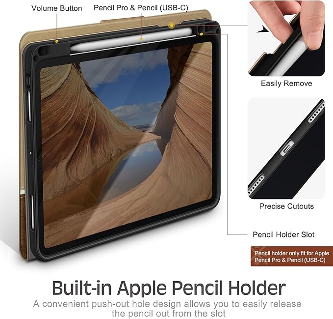 KingBlanc Case for iPad Pro 11 inch (M4) 2024 with Pencil Holder, Vegan Leather Smart Stand Cover, Auto Sleep Wake, Support Pencil Pro/(USB-C), Angles for Viewing/Writing, Durable Protection, Beige