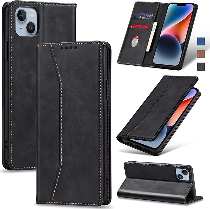 Jasonyu Flip Wallet Case for iPhone 14 5G,Leather Magnetic Folio Cover with Card Holder,Kickstand - TPU Shockproof Durable Protective Phone Case,Black