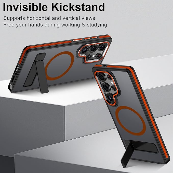 Stand Case for Samsung Galaxy S25 Ultra with 3 Way Adjustable, Shockproof Translucent Phone Case Fits for Magsafe, Hybrid Color Anti-Slip Matte Cover for Galaxy S25 Ultra (Black/Orange)