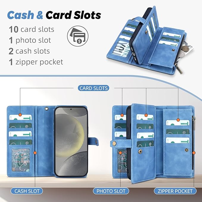 TwoHead for Samsung Galaxy S24 Wallet Case with Card Holder,Detachable Magnetic Phone Case for Galaxy S24,PU Leather Shockproof Protective Phone Cover Wallet with Wrist Strap(6.1 in,Sky Blue)