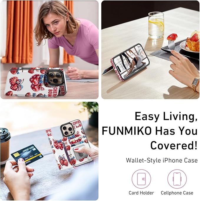 FUNMIKO for iPhone 16 Pro Wallet Case with Card Holder, RFID-Blocking, Military-Grade Protection & UV-Printed Artwork, Magnetic Closure with Leather Kickstand - Cherries with Bow