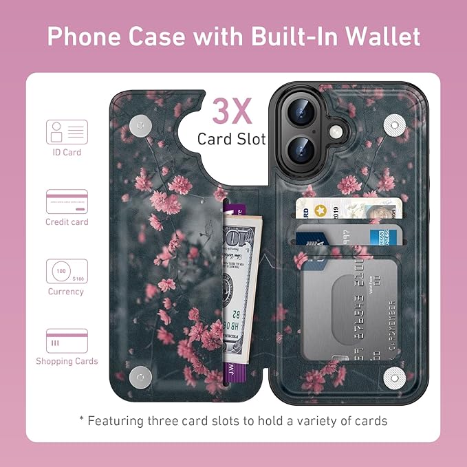 FUNMIKO for iPhone 16 Wallet Case with Card Holder, RFID-Blocking, Military-Grade Protection & UV-Printed Artwork, Magnetic Closure with Leather Kickstand - Mystic Blooming Plum