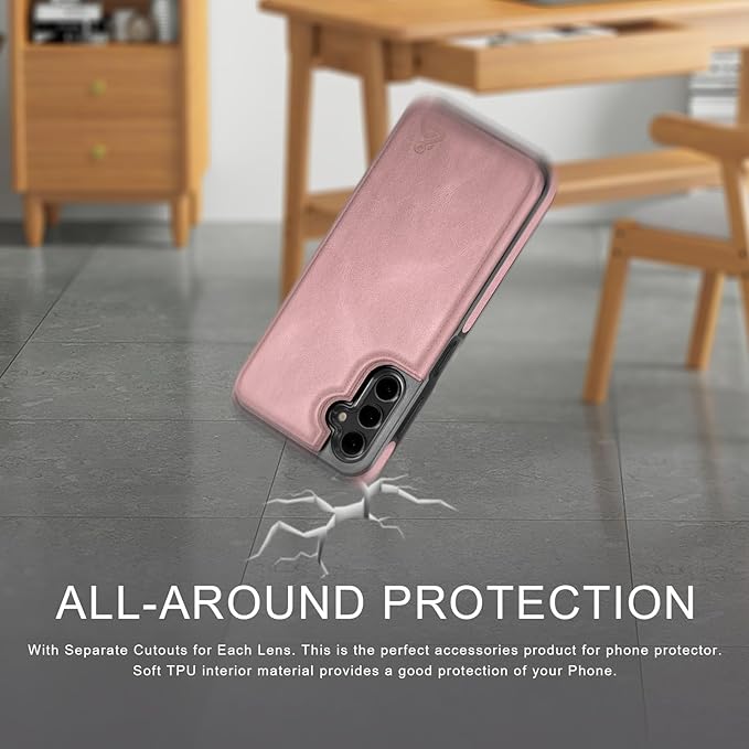 DJDUCK Designed for Samsung Galaxy S25 Case Wallet with Card Holder, [Magnetic Clasp Cover] [RFID Blocking Leather Protection] Shockproof Women Men Cases for Samsung S25 Pink